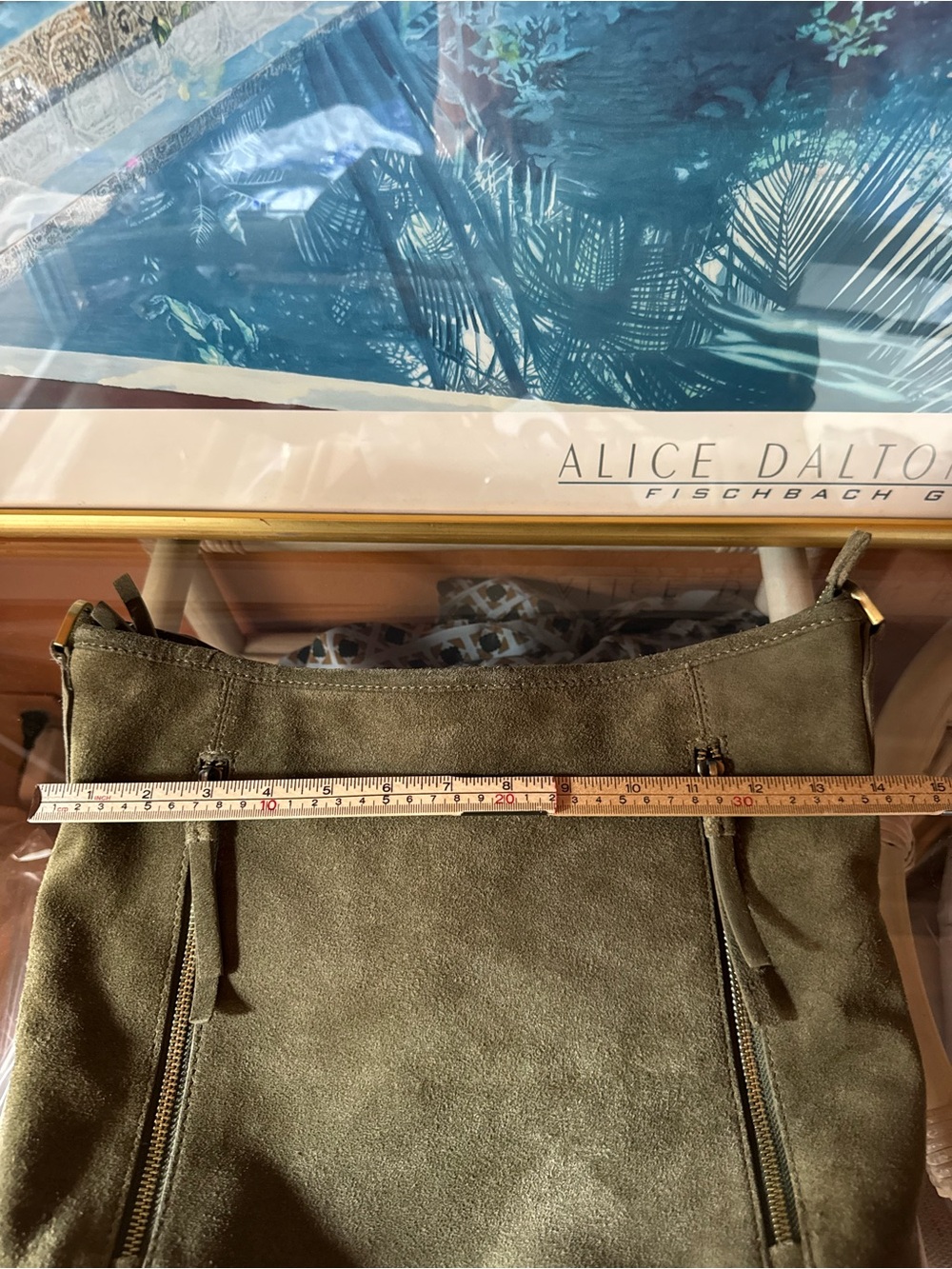 Green Genuine Suede Leather Slouchy Hobo Shoulder Bag Zip Detail - Picture 9 of 10
